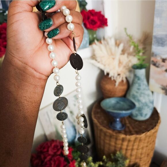 VTG French Republique Francaise Faux Pearl Antique Coin Dangle Statement Neckla - Picture 15 of 15